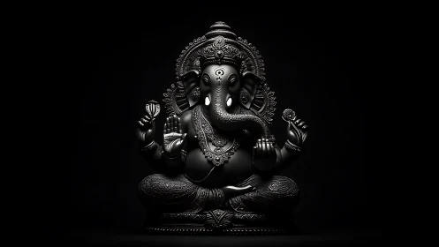 Black Ganesha statue sits centered under focused studio lighting