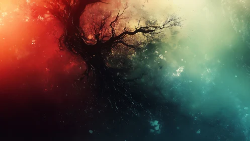 Twisted cosmic tree divides fire and misted teal void.