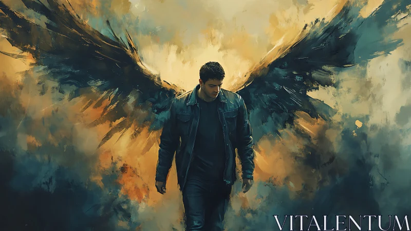 Brooding man with dark wings in stormy abstract sky.