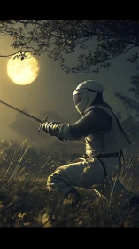 Armored swordsman kneeling in moonlit field at night.