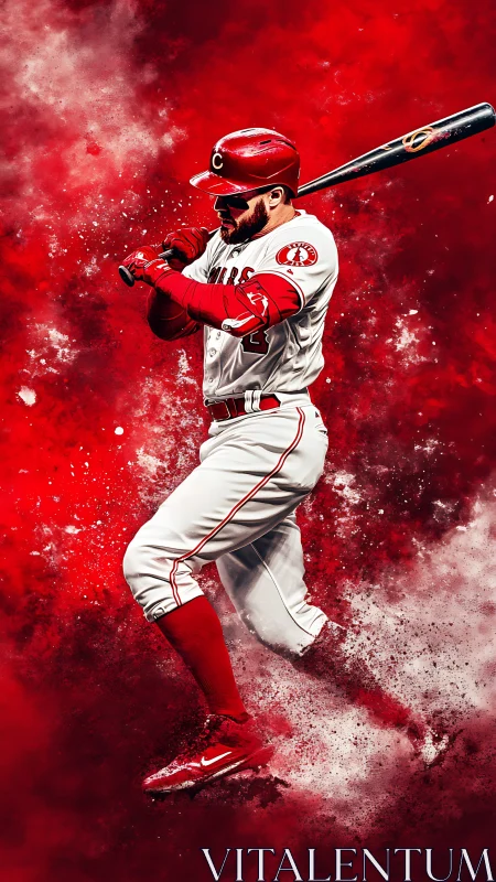 Dynamic red baseball slugger in explosive motion portrait.