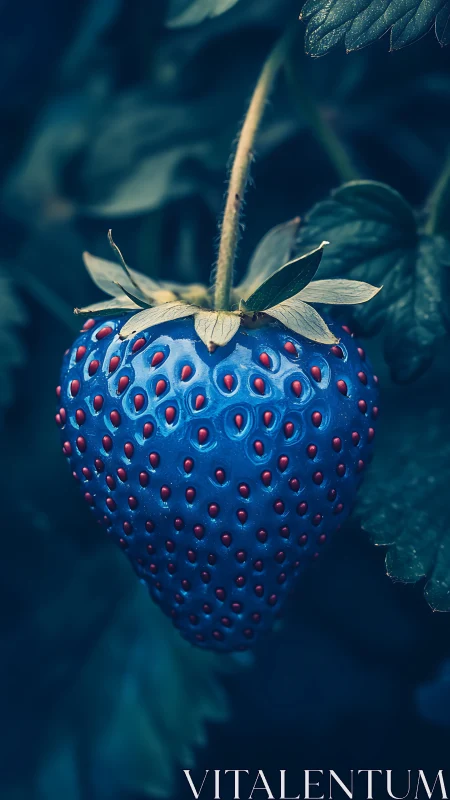 Surreal blue strawberry macro with glowing red seeds.