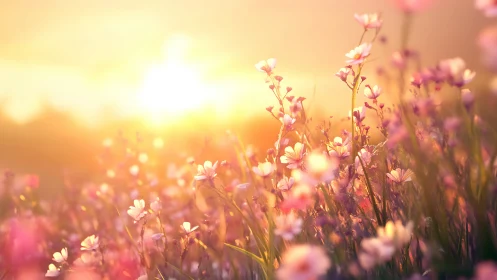 Flowering field at golden hour with soft focus depth