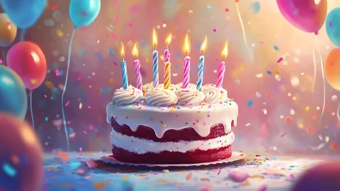 Luminous Birthday Cake with Spiral Candles and Confetti Celebration