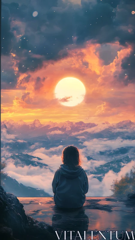 Solitary figure watches a glowing sun over misty peaks