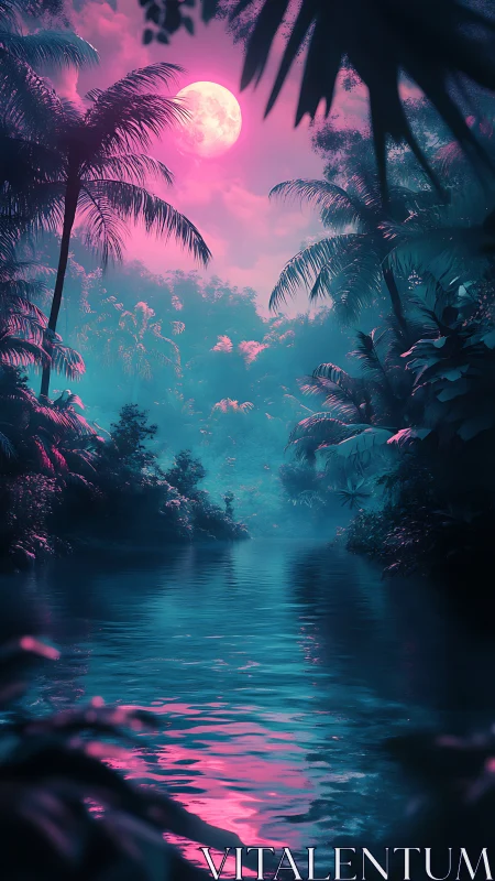 Neon lunar jungle river in cinematic vertical digital painting.