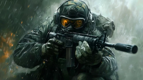 Heavily armed soldier advancing through heavy rainstorm.