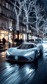 Futuristic silver hypercar glides through a rain-soaked city night