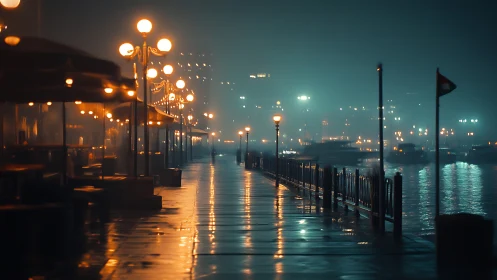 Foggy waterfront promenade shows wet pavement and lampposts