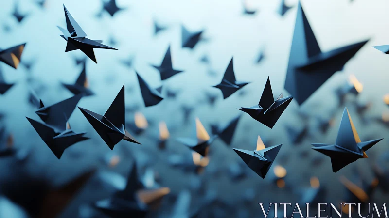 Origami bird silhouettes in suspended midair arrangement.