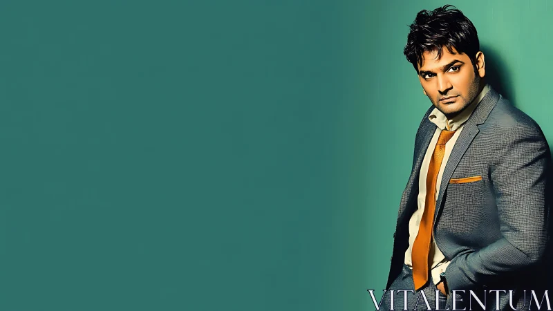 Confident man in teal suit catching a quiet spotlight moment.