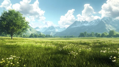 Photorealistic alpine meadow with solitary tree foregrounded.