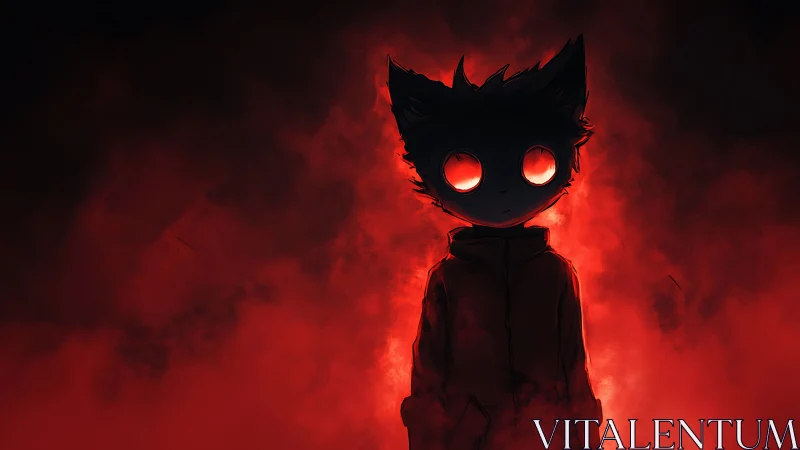 Silhouetted catlike figure glows against dense red smoke