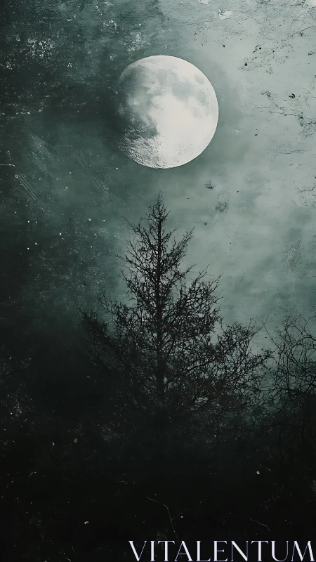 Silent full moon above spectral winter tree silhouette.