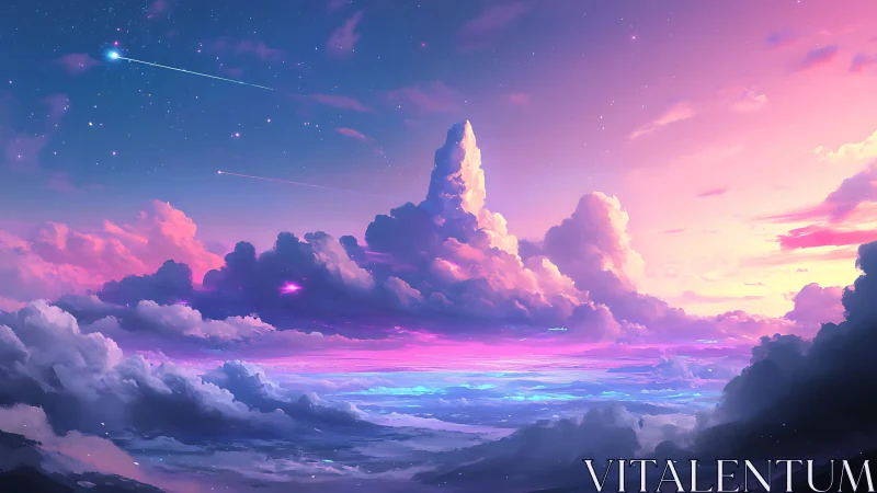 Vibrant sunset clouds and distant shooting stars over sea.