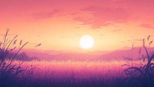 Sunlit grassland glows beneath vibrant pastel sunset sky.