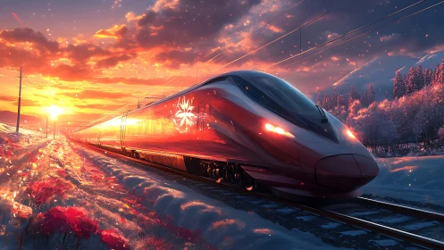 Futuristic bullet train cuts through glowing winter sunset