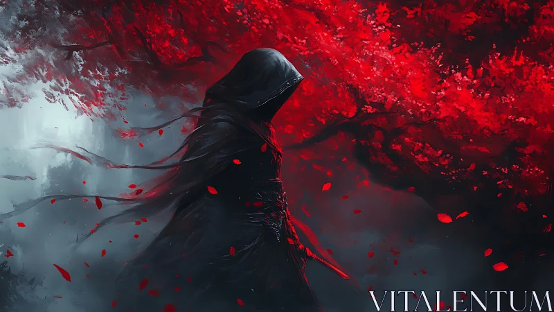 Hooded wanderer beneath a storm of crimson leaves.