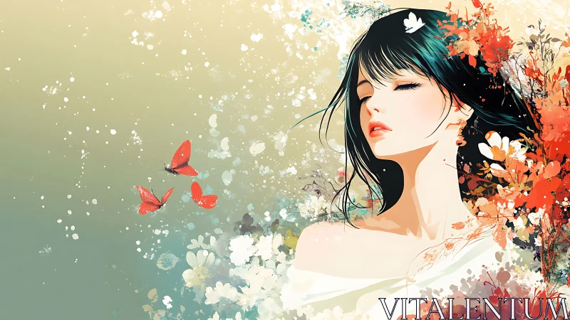 Serene woman in floral abstraction with red butterflies.