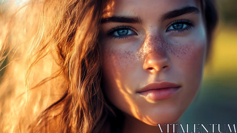 Sunlit freckled portrait with luminous blue eyes closeup.