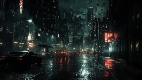 Midnight city street glows softly under neon rainlight