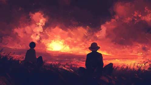 Two quiet friends share a glowing sunset sky in gentle peace