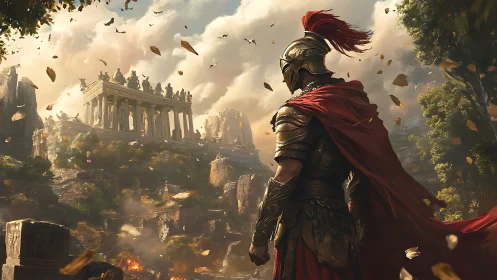 Heroic warrior gazes toward a sunlit ancient temple city