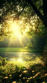 Golden morning sunlight filters gently over a quiet forest pond