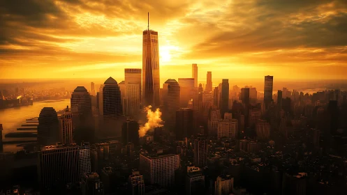 Sunlit skyscraper skyline stands against dense golden clouds