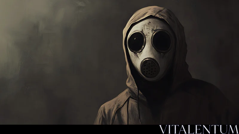 Hooded figure in gas mask against dark empty background.