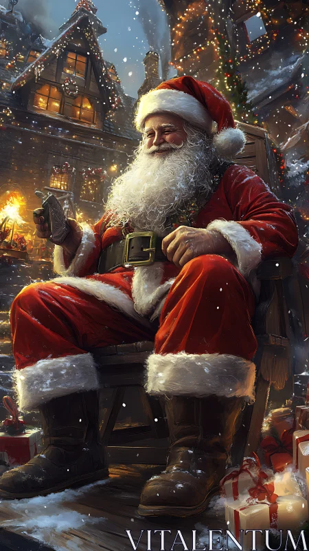 Santa Claus seated outdoors amid snow and lit houses at night.