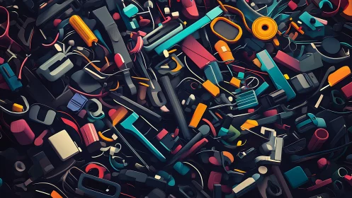 Digital heap of colorful tools and tech fragments in chaos.