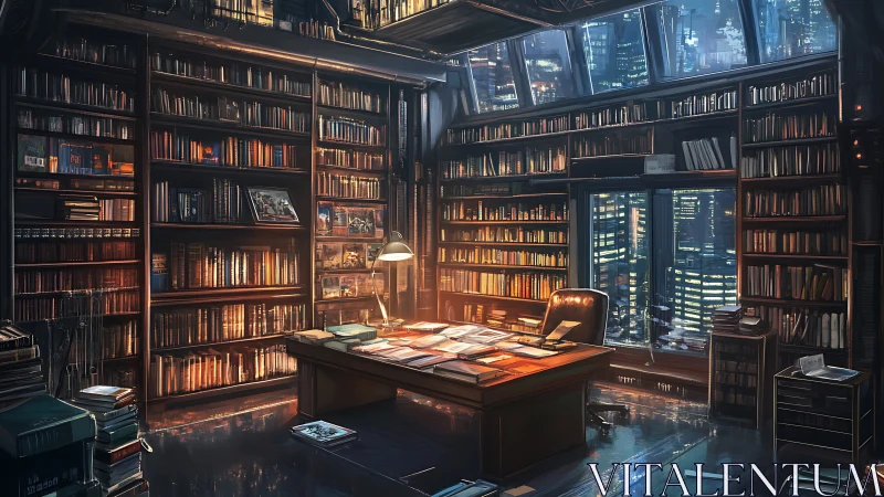 Futuristic high rise library office glows above neon city