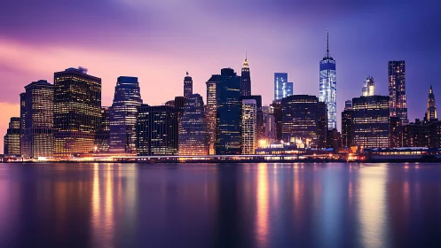 Neon dusk skyline draped in violet reflections over water.