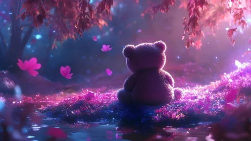 Stuffed bear viewed from behind in luminous forest clearing.