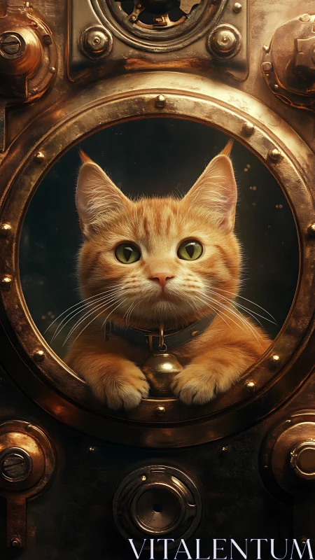 Steampunk feline portrait within brass porthole frame.