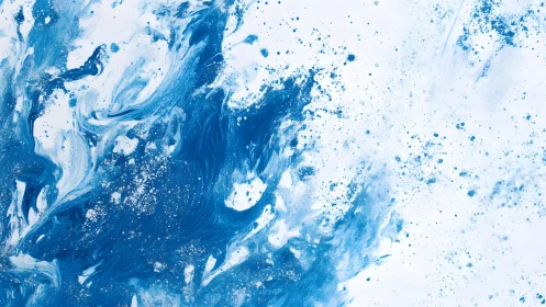 Abstract blue and white paint splatter with fluid dynamic style.