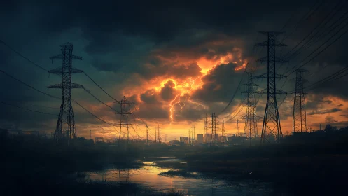 Storm-lit power lines over flooded industrial marshland.