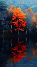 Autumn maple grove reflects in still lake under cobalt haze