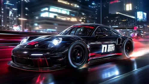 Sleek black race car slices through neon city streets at night