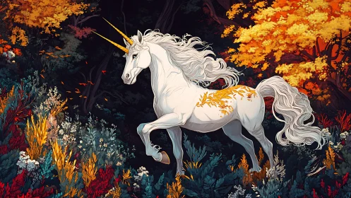 Majestic white unicorn strides through an enchanted autumn forest