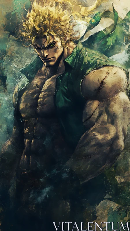 Brooding warrior stands amid swirling stormlit shadows