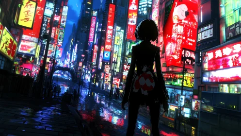 Neon-lit anime city street glows around a lone silhouette.