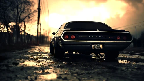 Rear view of classic muscle car on wet urban roadway.