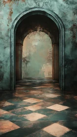 Aged vaulted corridor with textured patina and reflective tiles