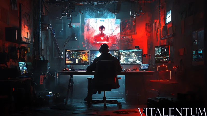 Lone code alchemist bends neon shadows inside a red-blue lair
