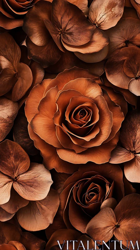 Copper roses bloom among dried petals in warm floral study.