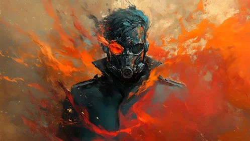 Fireborne wanderer in a gas mask strides through blazing dusk.