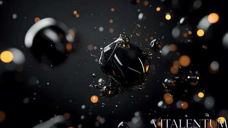 Abstract dark liquid splash with glowing spheres in 3D style.