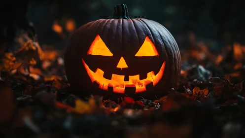 Illuminated carved pumpkin with jagged face in foliage.